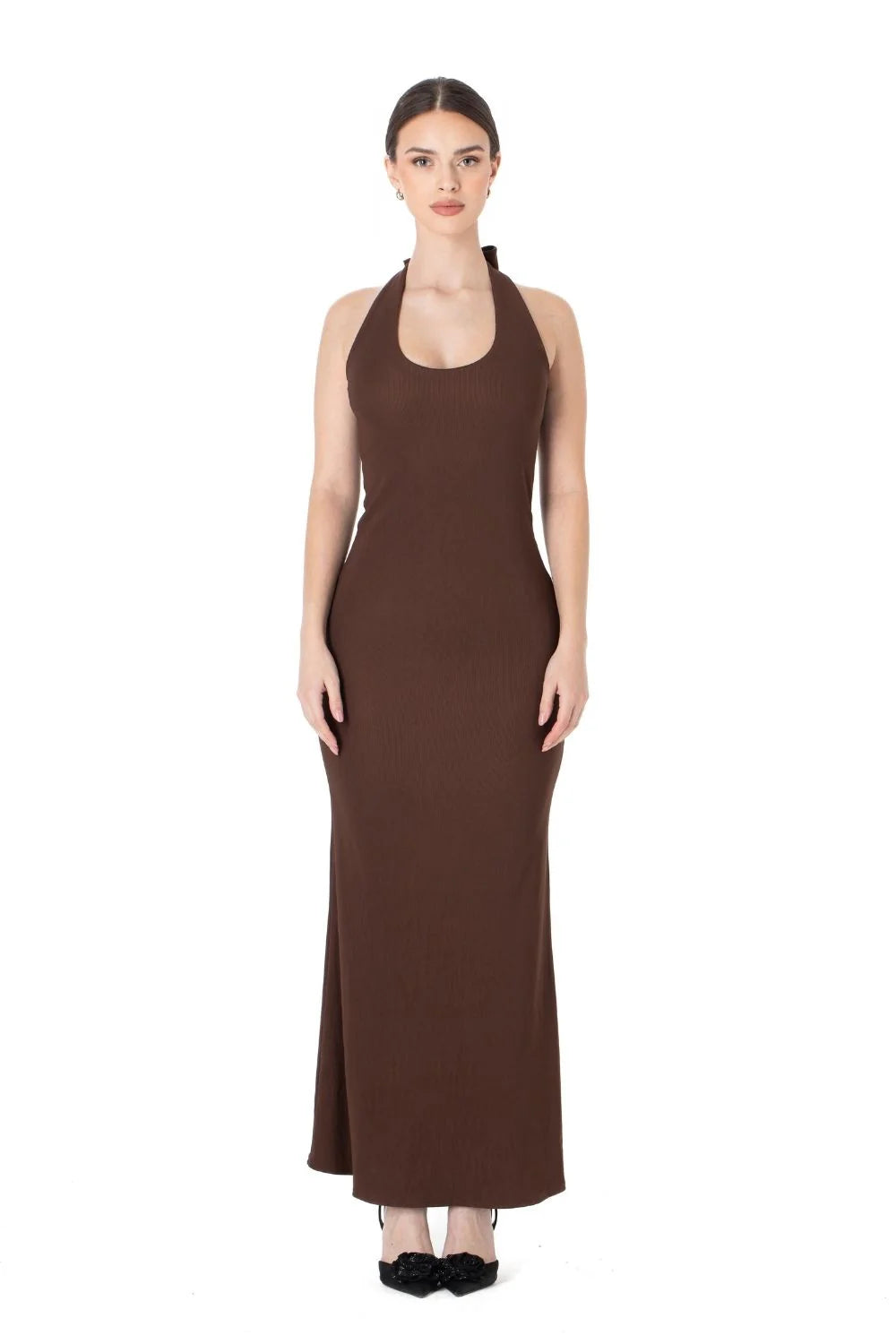 Ribbed Collar Coffee Dress